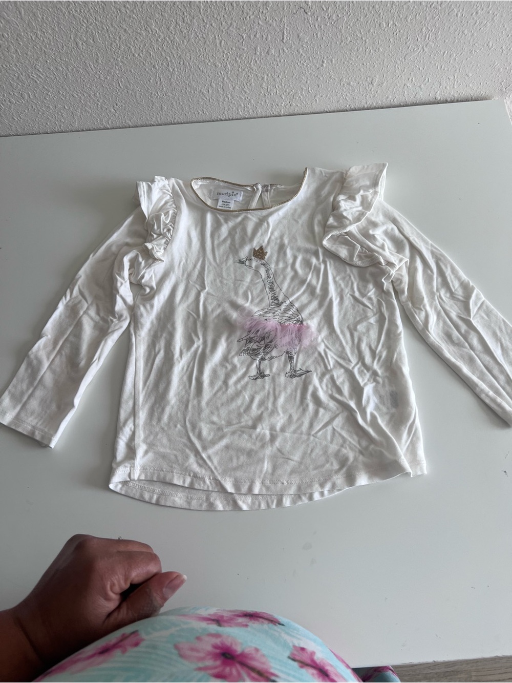 Mud Pie White Long-Sleeve Ruffle Shoulder Top with Pink Tulle Detail